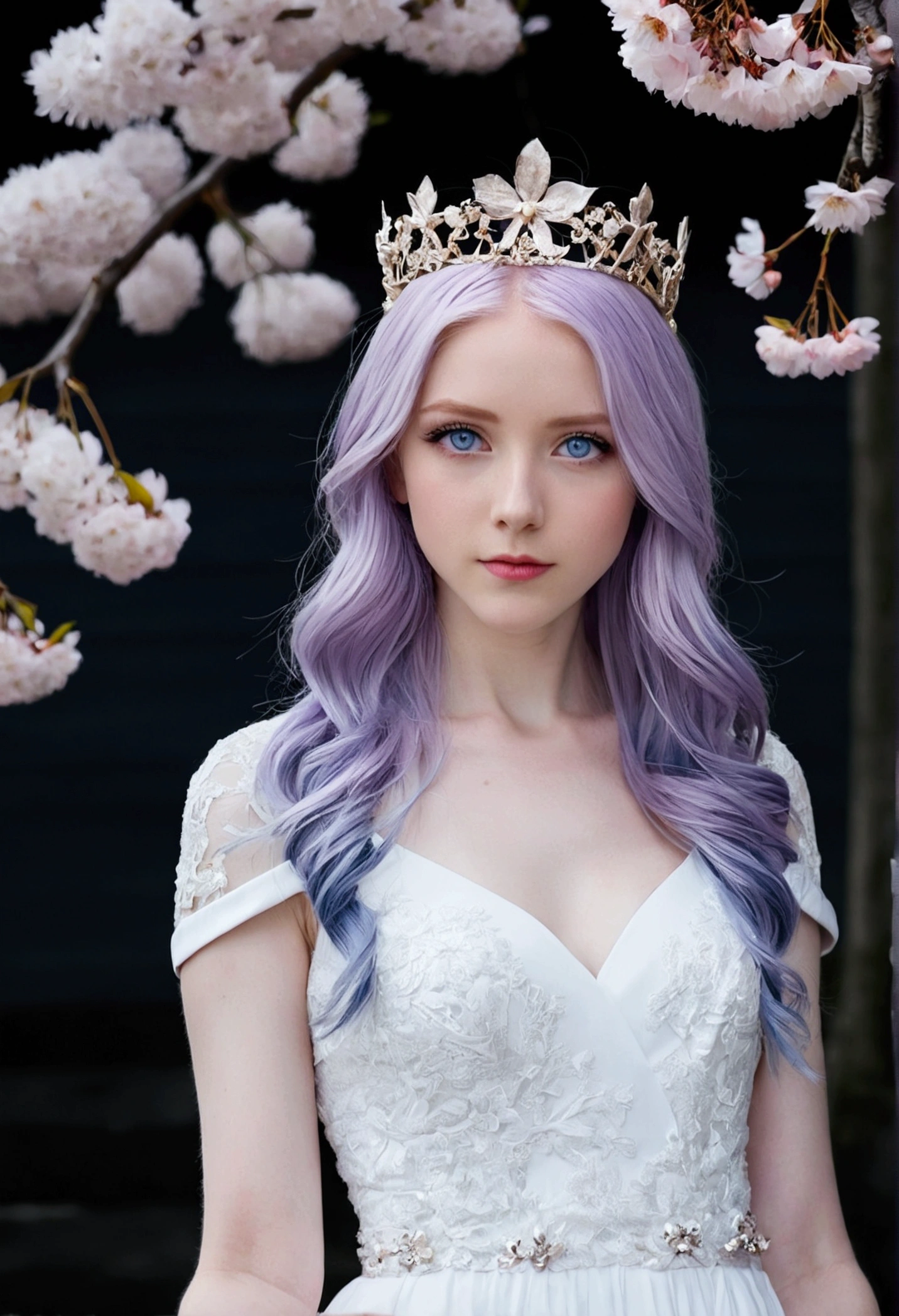 pale violet hair, blue eyes, navy color crown, white dress, cherry blossom, night