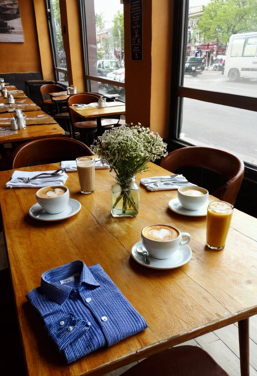 with a minimum of clothes in a cafe on the table