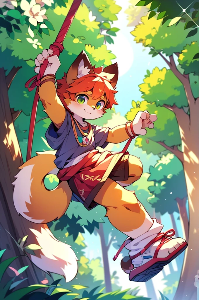 Anime-style image of a girl swinging with a cat on her head, Detailed fan art, Farson wearing stylish clothes, High quality fan art, commission high res, furaffinityのcommission, fullbody commission, Farson art, Anthropomorphic fox, Commissioned Art, Hula Infinity Commission, oc commission, Official Fan Art, commission, Farson!!!!
