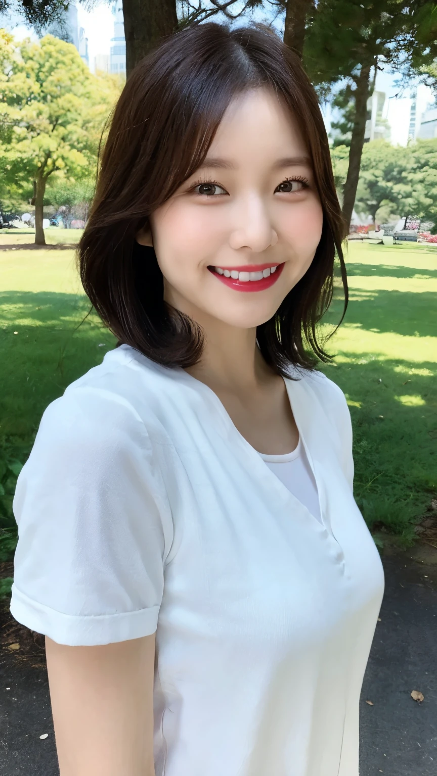  Standing in the park, Wrinkles around the eyes, Smiling with teeth showing, Plain short-sleeved clothing, senior citizen, Draw lips correctly, Red lipstick, No discomfort, 16K, Highest quality, Very detailed, Realistic, Very detailed肌, (Japanese), (alone), 100 years old, Large Breasts, , Glamour, sexy, Chromo White Skin, Staring straight ahead,