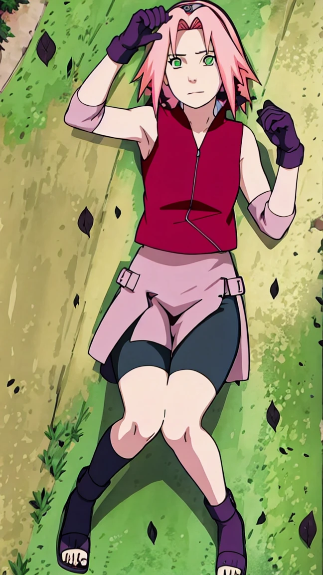 Sakura Haruno, Sakura Shippuden, open shirt,Unbuttoned, Split in the middle of the shirt, Sleeveless, Masterpiece, 1 woman, green eyes, condescending, elbow covers, black gloves, full body