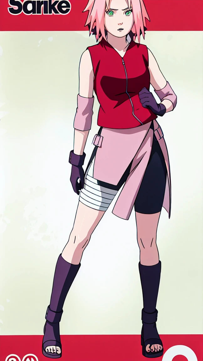 Sakura Haruno, Sakura Shippuden, open shirt,Unbuttoned, Split in the middle of the shirt, Sleeveless, Masterpiece, 1 woman, green eyes, condescending, elbow covers, black gloves, full body