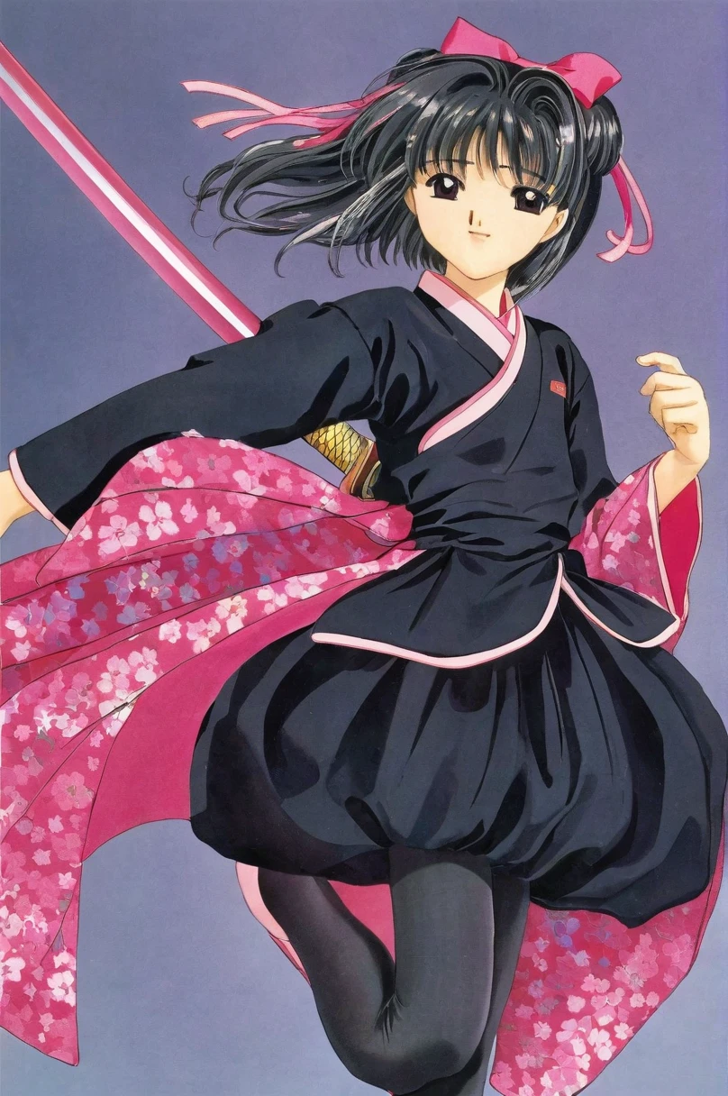 10 year old girl underwear, Sakura Shinguji、Realistic bloomers made from patterned cotton fabric, Japanese clothing and hakama, Fabric Realism, Low - Angle, I see bloomers, Pull up the dress by hand, Strong winds, Translucent slip, Translucent slip, tights, Highest quality,  whole body、Black Hair、Holding a sword、Big ribbon in hair