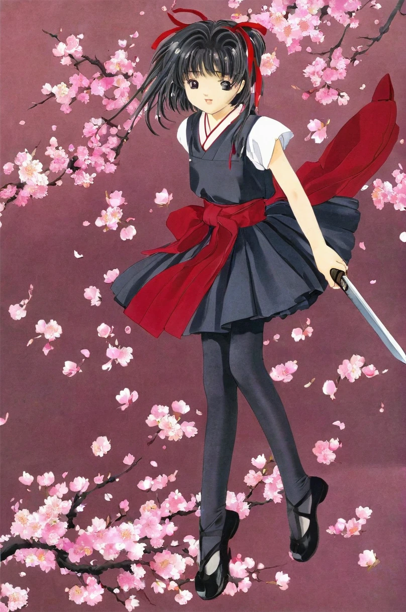 10 year old girl underwear, Sakura Shinguji、Realistic bloomers made from patterned cotton fabric, Japanese clothing and hakama, Fabric Realism, Low - Angle, I see bloomers, Pull up the dress by hand, Strong winds, Translucent slip, Translucent slip, tights, Highest quality, whole body、Black Hair、Holding a sword、Big ribbon in hair