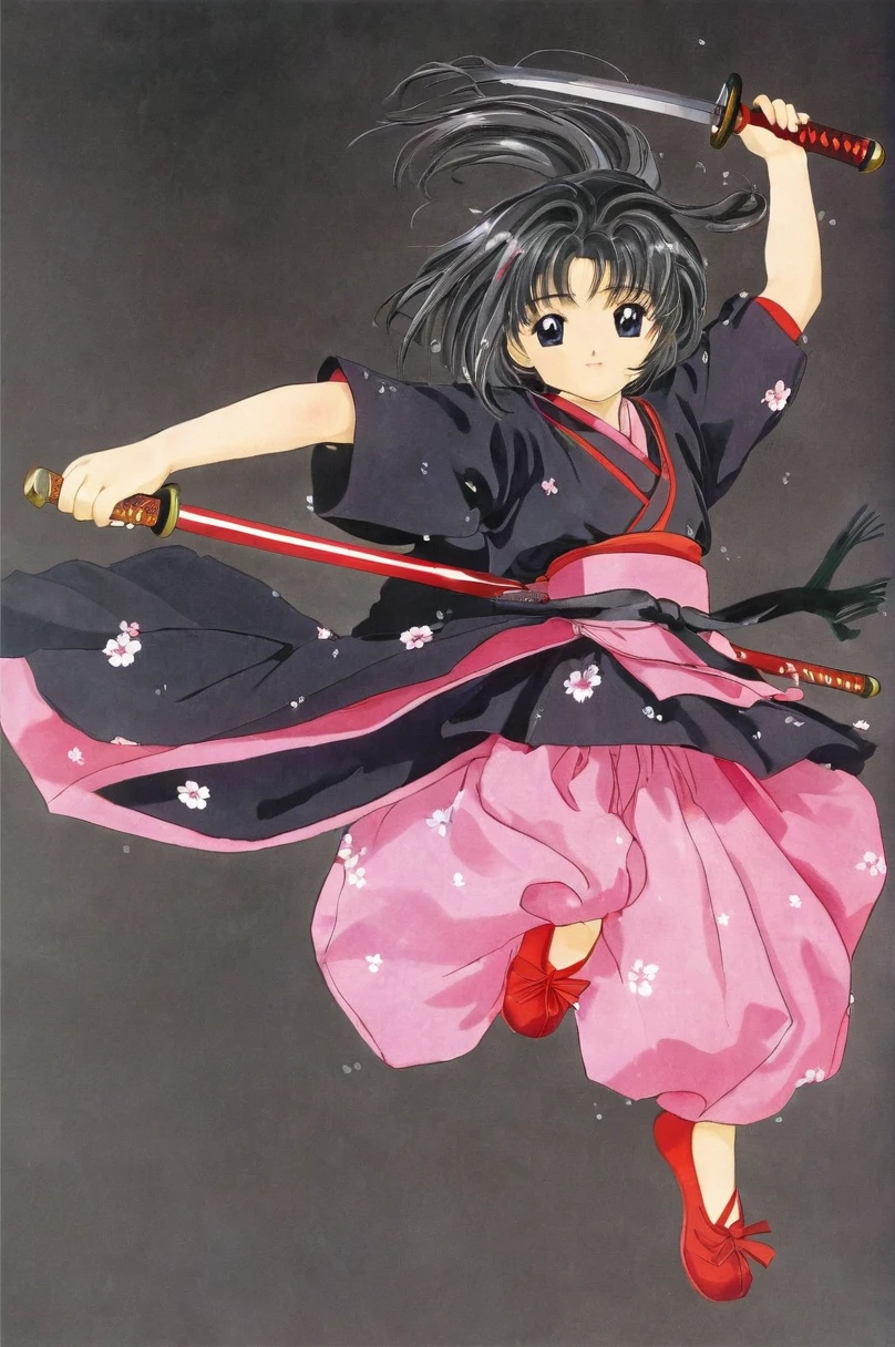 10 year old girl underwear, Sakura Shinguji、Realistic bloomers made from patterned cotton fabric, Japanese clothing and hakama, Fabric Realism, Low - Angle, I see bloomers, Pull up the dress by hand, Strong winds, Translucent slip, Translucent slip, tights, Highest quality,  whole body、Black Hair、Holding a sword、Big ribbon in hair