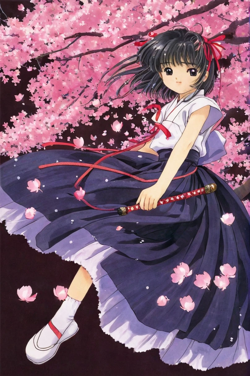 10 year old girl underwear, Sakura Shinguji、Realistic bloomers made from patterned cotton fabric, Japanese clothing and hakama, Fabric Realism, Low - Angle, I see bloomers, Pull up the dress by hand, Strong winds, Translucent slip, Translucent slip, tights, Highest quality, whole body、Black Hair、Holding a sword、Big ribbon in hair