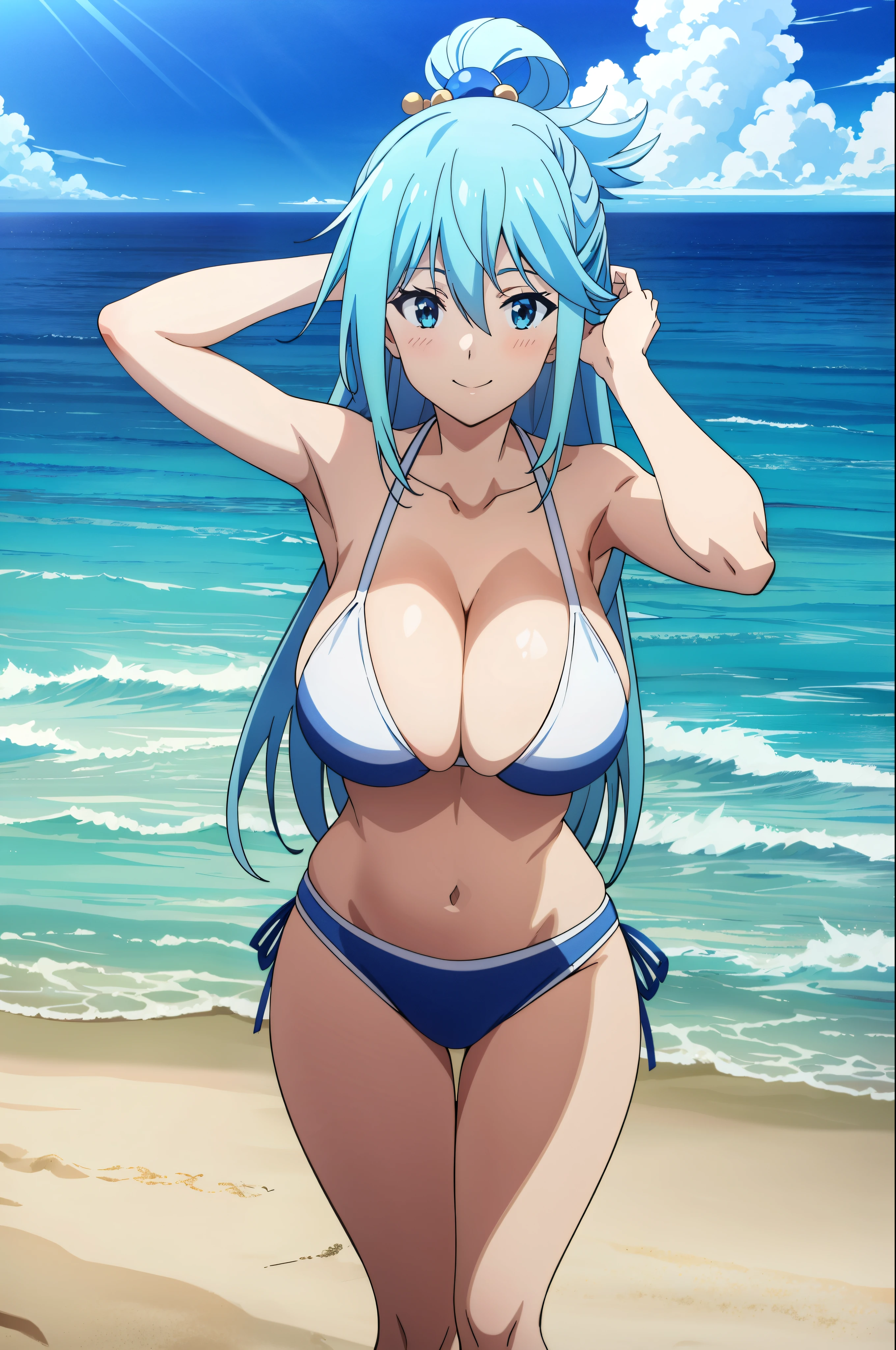 tall body, tall, long legs, mature female, mature, adult, EFT_Konsuba_Aqua, 1girl, aqua (konosuba), solo, long hair, smile, blue eyes, anime coloring, blue hair, hair rings, hair ornament, hair between eyes, 1girl, solo, breasts, looking_at_viewer, smile, large_breasts, cleavage, bare_shoulders, collarbone, standing, hands behind head, black underwear, from_below, breasts, large breasts, big breasts, huge breasts, big tits, giant breasts, small bikini, bikini, white bikini, bare shoulders, bare arms, beach, ocean, underboob, island background