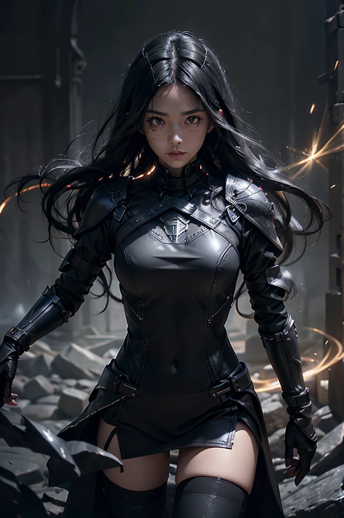 Dark-haired Scandinavian girl wearing half-plate armor and a frilly skirt over a skin-tight black bodysuit, (Long black hair:1.4), Red eyes,Attractive breasts、High resolution (High Dynamic Range), Ray Tracing, NVIDIA, Super Resolution, Scattered under the surface, Anisotropic Filtering, Written boundary depth ,Maximum clarity and sharpness, Surface Shading, Two-tone lighting