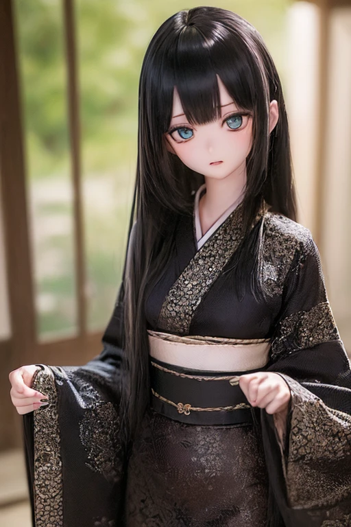 (SFW:2), photorealistic, realistic photo, ((highest quality)), ((masterpiece)), ((extremely detailed)), kukolnydom, doll, (mature woman, 20yo, 20 years old:1.6), solo, ((cowboy shot, standing, skinny, slender, slim, kimono, obi, hair ornament)), green eyes, parted lips, (black hair, long hair, looking at another, blank eyes, empty eyes, detailed eyes, detailed clothes:1.3), Japanese garden, 8k