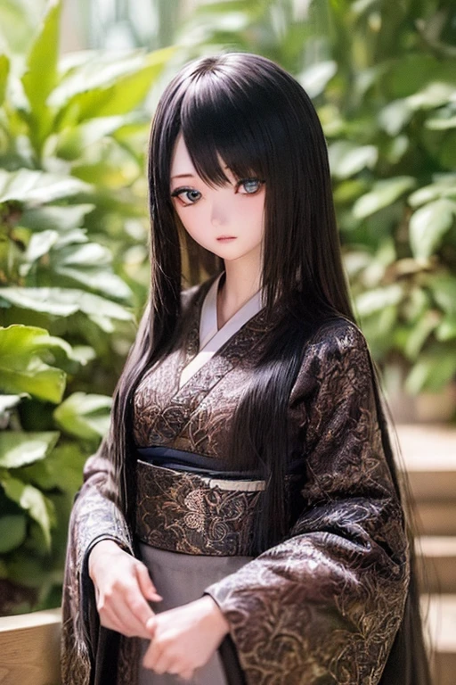 (SFW:2), photorealistic, realistic photo, ((highest quality)), ((masterpiece)), ((extremely detailed)), kukolnydom, doll, (mature woman, 20yo, 20 years old:1.6), solo, ((cowboy shot, standing, skinny, slender, slim, kimono, obi, hair ornament)), green eyes, parted lips, (black hair, long hair, looking at another, blank eyes, empty eyes, detailed eyes, detailed clothes:1.3), Japanese garden, 8k