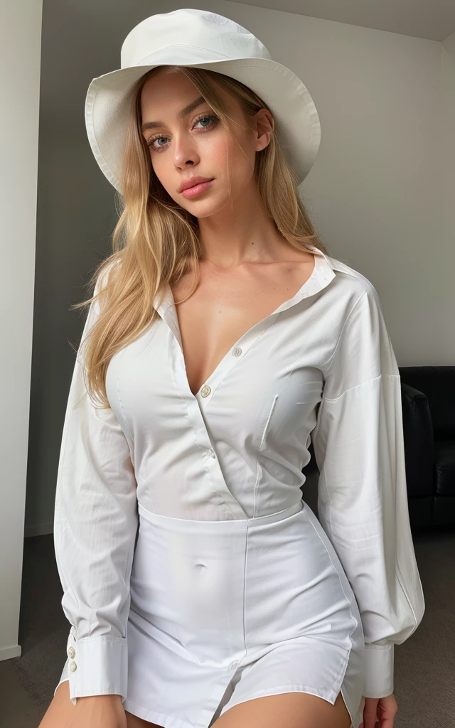(Helena Lovista) photo of a stunning beautiful woman, 24 years old, perfect fit body, big green eyes, long messy windy blonde hair, green eyes, blonde hair, araffe woman in a white shirt dress and black hat taking a selfie, an album cover by Robbie Trevino, instagram, renaissance, in white clothes, white silky outfit, clothed in white shirt, looking hot, wearing a white button up shirt, sexy look, very sexy outfit, wearing lab coat and a blouse, revealing outfit, sexy outfit