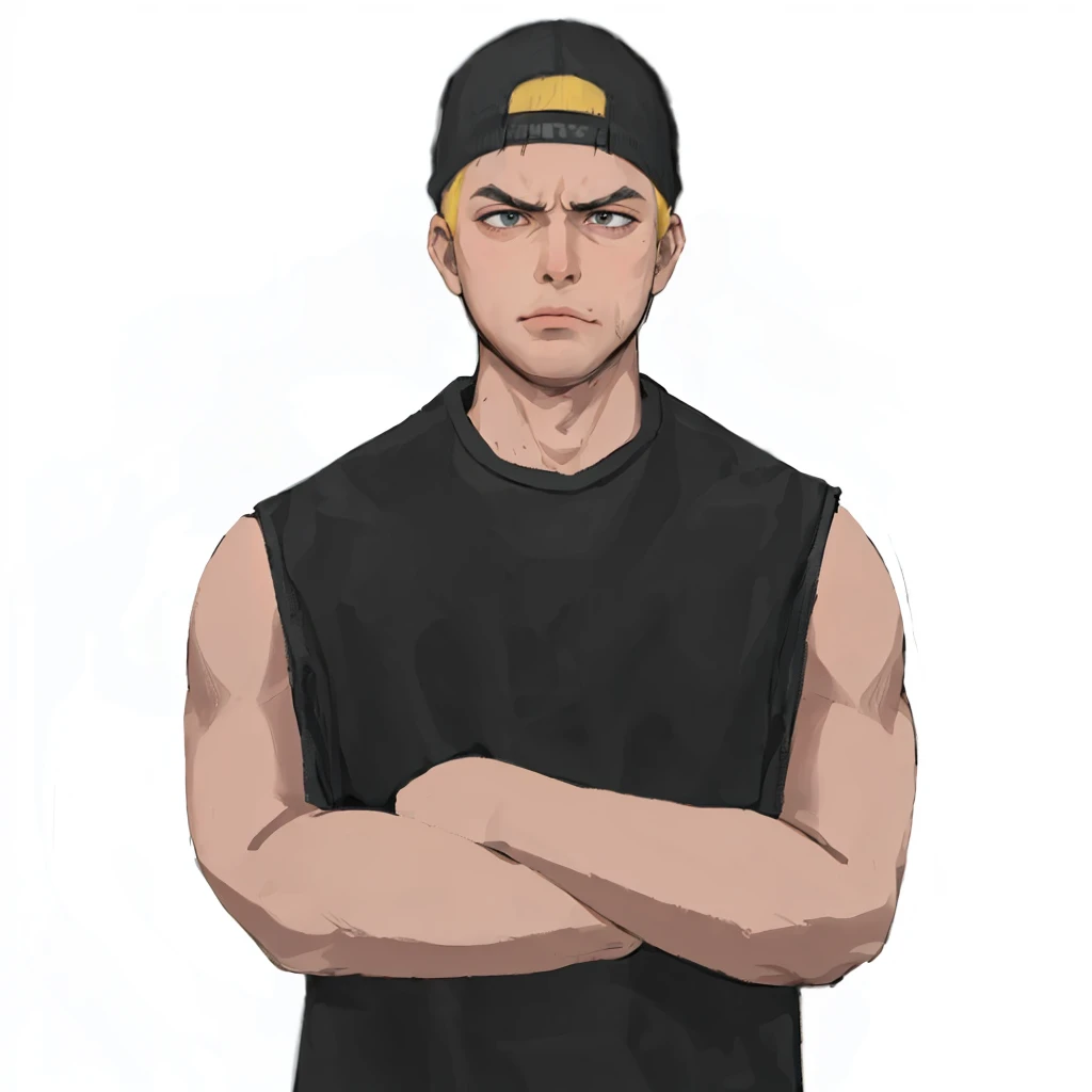 (masterpiece:1.2, best quality), (1men, solo, upper body:1.2),angry face,Hair: buzz cut,Clothing: oversized, distressed denim jacket with patches and pins, paired with black skinny jeans and combat boots, Hanging out in an underground music venue or street art exhibit
