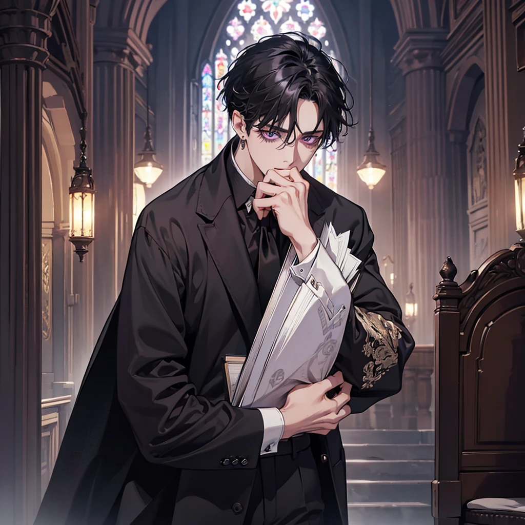 (masterpiece),(Highest quality),(Very detailed),High resolution,High level of detail and quality, 8k Ultra HD, Full body image,from the front,(clothing:Black Suit、Black Pants、White Shirt、black tie、Large black earrings) Beautiful man standing in church、Hollow and somewhat scary eyes、Androgynous face with purple eyes, black hair and bangs down,(Close-up),,Right hand covering entire mouth、Left hand holding a book、dark,2D Animation