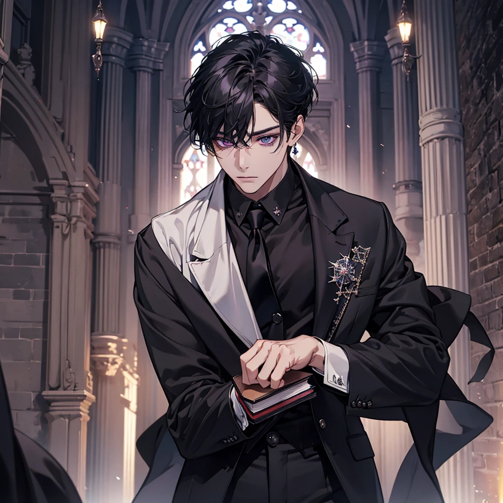 (masterpiece),(Highest quality),(Very detailed),High resolution,High level of detail and quality, 8k Ultra HD, Full body image,from the front,(clothing:Black Suit、Black Pants、White Shirt、black tie、Large black earrings) Beautiful man standing in church、Hollow and somewhat scary eyes、Androgynous face with purple eyes, black hair and bangs down,(Close-up),,Right hand covering entire mouth、Left hand holding a book、dark,2D Animation