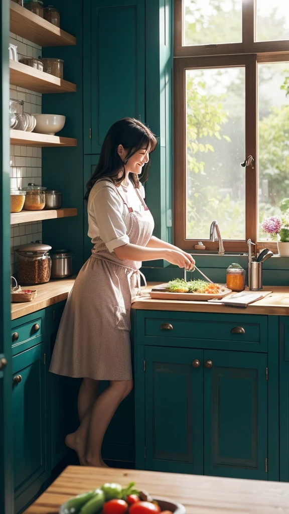 In the homely kitchen、A picture of a mother cooking a delicious meal。My mother is wearing an apron、Cooking with a smile。The kitchen is stocked with fresh vegetables and ingredients.、The delicious aroma is coming from the food。There are kitchen counters and shelves in the background.、Cooking utensils and spice bottles are neatly lined up。Natural light pours in through the window、There is a warm atmosphere。