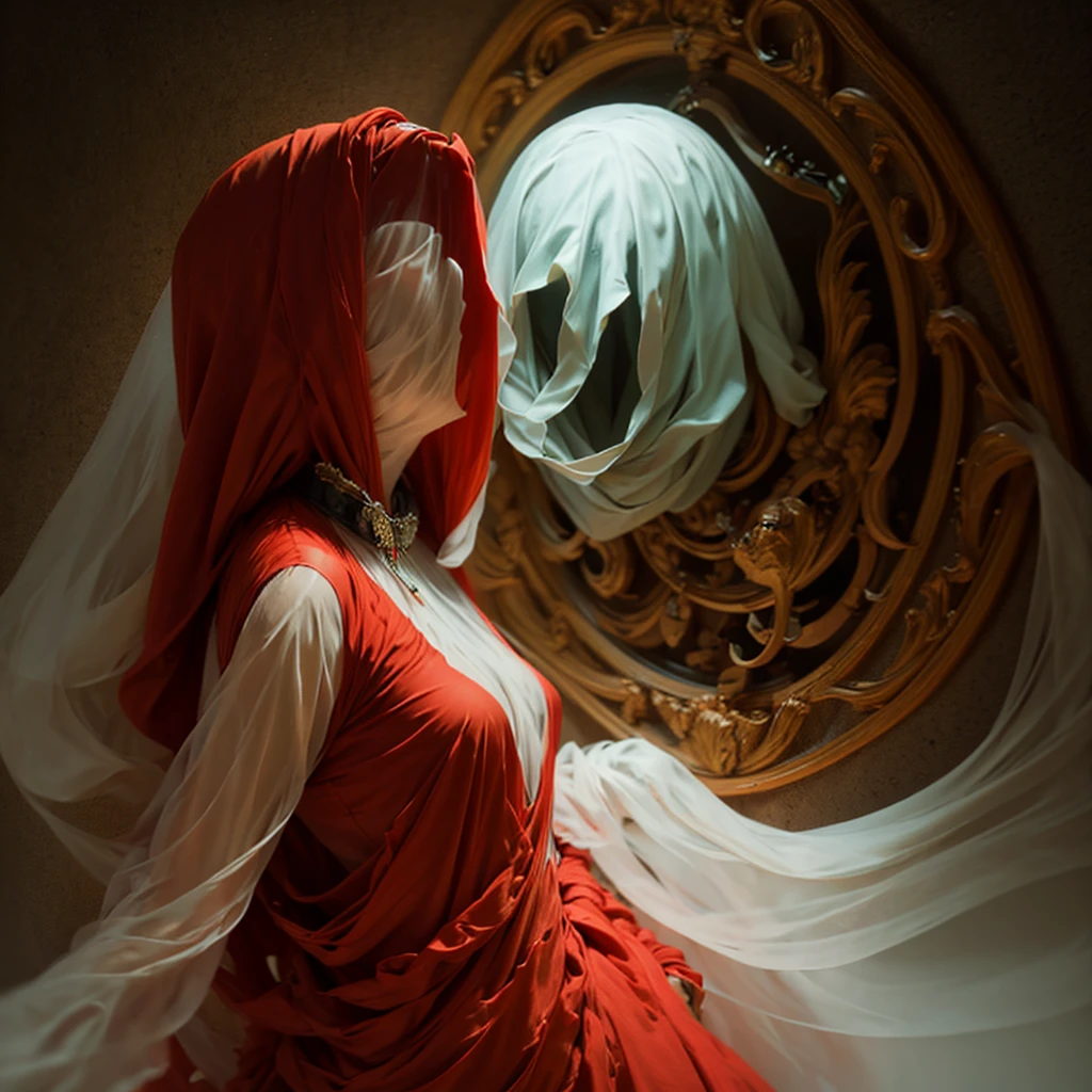 1 hunted ghost, high tech details, Red dress