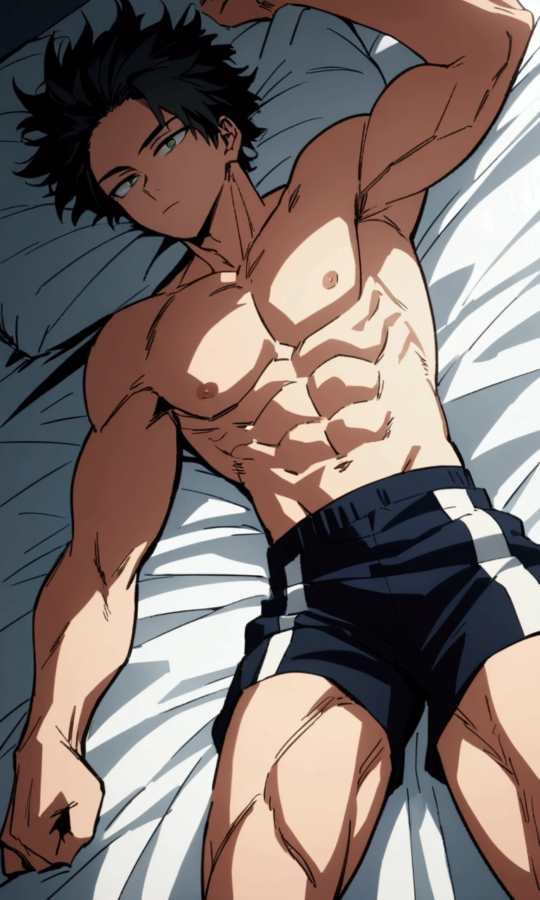  He is a 17 year old teenager, He has slightly disheveled very black hair..., somewhat light green eyes, , muscular body , sexy face, He is dressed in the anime uniform. "my hero academia", without the shirt, just with boxer shorts, flexing your muscles, lying on a bed 