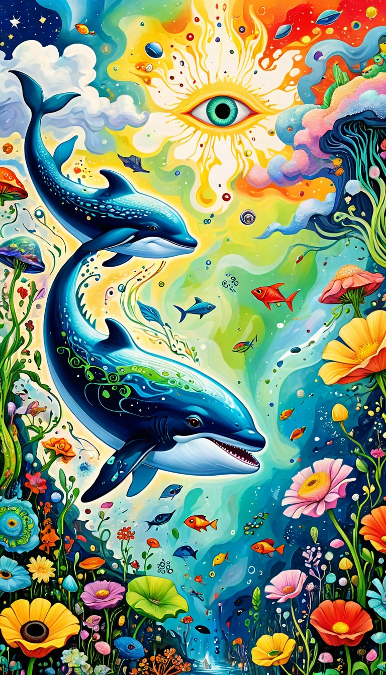 Children's graffiti,Thick coating,Concave and convex texture,Oil pastel strokes:Artists from the stars,Child,Flying Whale:1.37、Eruption Cloud、flowesh、章fish触手瀑布。、bird、(((Eye)))、diatom,Abstract mosaic painting,Describing the inner world of autistic people,Large area of white,interesting,Innocence,Vision,Psychedelic Art,