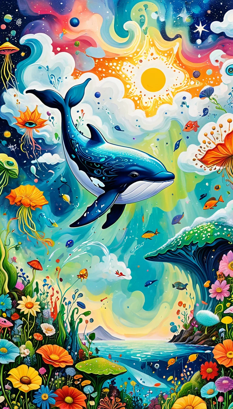 Children's graffiti,Thick coating，Concave and convex texture，Oil pastel strokes：Artists from the stars，Child，Flying Whale:1.37、Eruption Cloud、flowesh、章fish触手瀑布。、bird、(((Eye)))、diatom，Abstract mosaic painting，Describing the inner world of autistic people，Large area of white，interesting，Innocence，Vision，Psychedelic Art，
