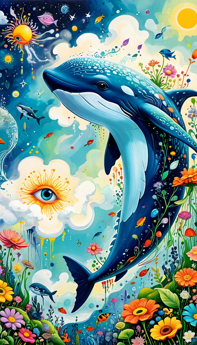 Children's graffiti,Thick coating，Concave and convex texture，Oil pastel strokes：Artists from the stars，Child，Flying Whale:1.37、Eruption Cloud、flowesh、章fish触手瀑布。、bird、(((Eye)))、diatom，Abstract mosaic painting，Describing the inner world of autistic people，Large area of white，interesting，Innocence，Vision，Psychedelic Art，
