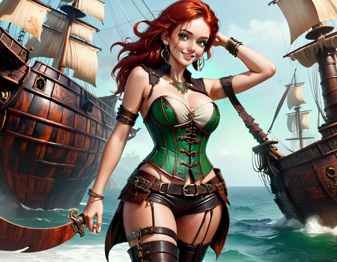 (Artwork), best quality, expressive eyes, perfect face, (pirate ship background), (standing), (smug smile), (close up view), (1 girl, freckled skin, glowing skin, red hair, green eyes, hourglass figure, thin body, skinny body, petite_body, medium breasts, thick thighs, long nails, hoop earrings, bare breasts, black leather corset below the breasts, brown leather shorts, brown boots, cleaver sword sheathed, flintlock pistol in holster, hoop earrings, miscellaneous jewelry) thong straps
