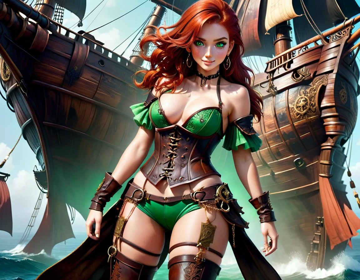 (Artwork), best quality, expressive eyes, perfect face, (pirate ship background), (standing), (smug smile), (close up view), (1 girl, freckled skin, glowing skin, red hair, green eyes, hourglass figure, thin body, skinny body, petite_body, medium breasts, thick thighs, long nails, hoop earrings, bare breasts, black leather corset below the breasts, brown leather shorts, brown boots, cleaver sword sheathed, flintlock pistol in holster, hoop earrings, miscellaneous jewelry) thong straps
