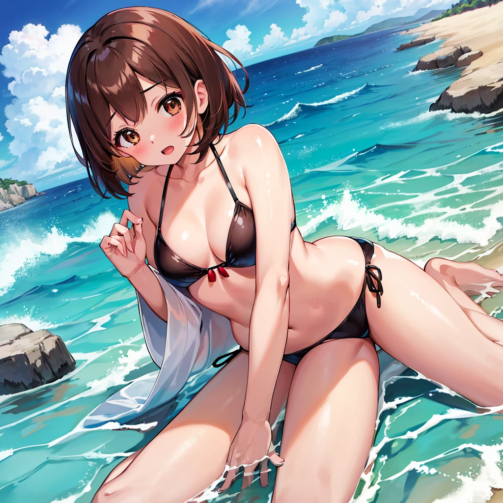 masterpiece, Highest quality, High resolution, Gloria1, 1 Girl, Gloria\(Pokémon\), Brown Hair, , Brown Eyes, , Short Hair, , Bobcut, bangs, , 　１Describe a girl carefully　１Girl　Alluring expression　blush　Open Mouth　blush　beach　Ocean　Sexy Bikini