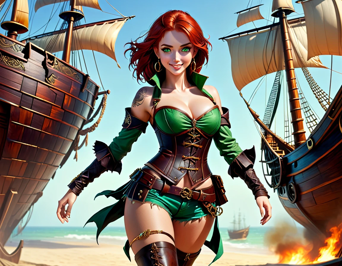 (Artwork), best quality, expressive eyes, perfect face, (pirate ship background), (standing), (smug smile), (close up view), (1 girl, freckled skin, glowing skin, red hair, green eyes, hourglass figure, thin body, skinny body, petite_body, medium breasts, thick thighs, long nails, hoop earrings, bare breasts, black leather corset below the breasts, brown leather shorts, brown boots, cleaver sword sheathed, flintlock pistol in holster, hoop earrings, miscellaneous jewelry) thong straps
