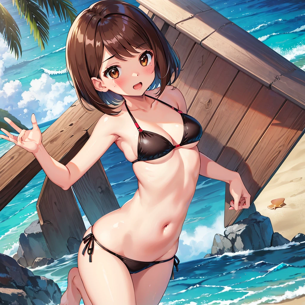 masterpiece, Highest quality, High resolution, Gloria1, 1 Girl, Gloria\(Pokémon\), Brown Hair, , Brown Eyes, , Short Hair, , Bobcut, bangs, , 　１Describe a girl carefully　１Girl　Alluring expression　blush　Open Mouth　blush　beach　Ocean　Sexy Bikini