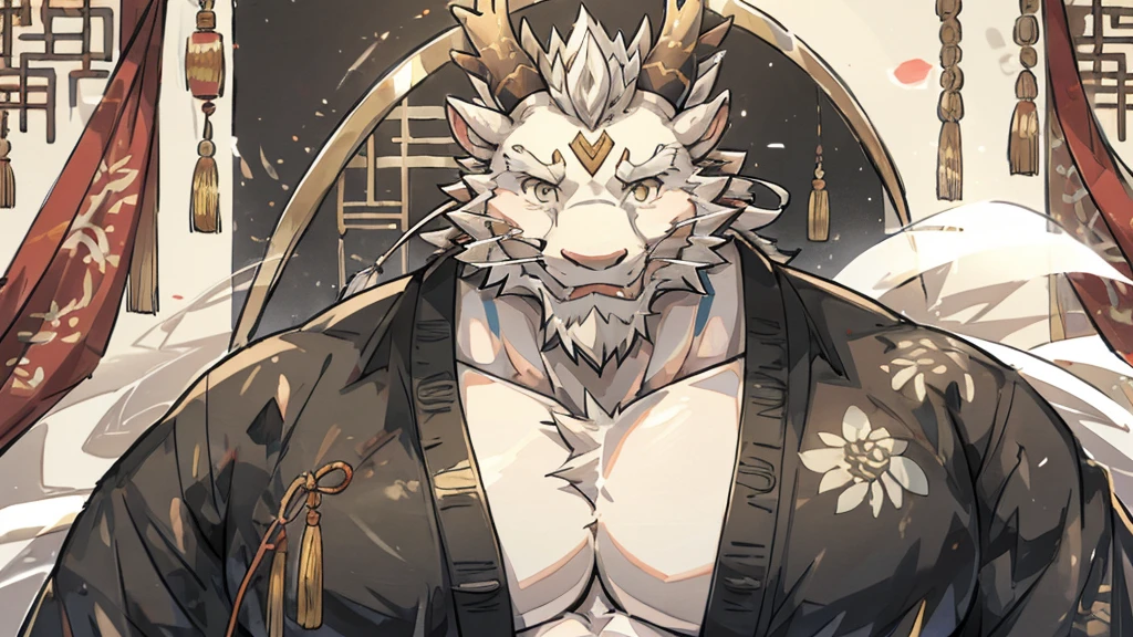 (white eastern dragon),furry,white mustache,big pecs,hearty males,muscular,black imperial robe,naked,adult,traditional_chinese_room,head portrait,hypnosis