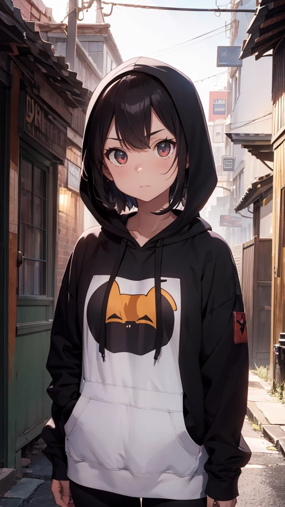 Holding a bat, Alley, Condescending Gaze, ハイネックhoodie, cinematic lighting, UHD, best quality, highres, 8k