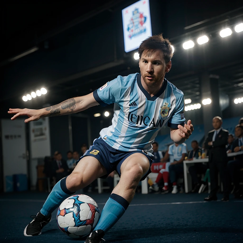 Create a photo of Lionel Messi dribbling the ball, Argentina uniform, transparent background