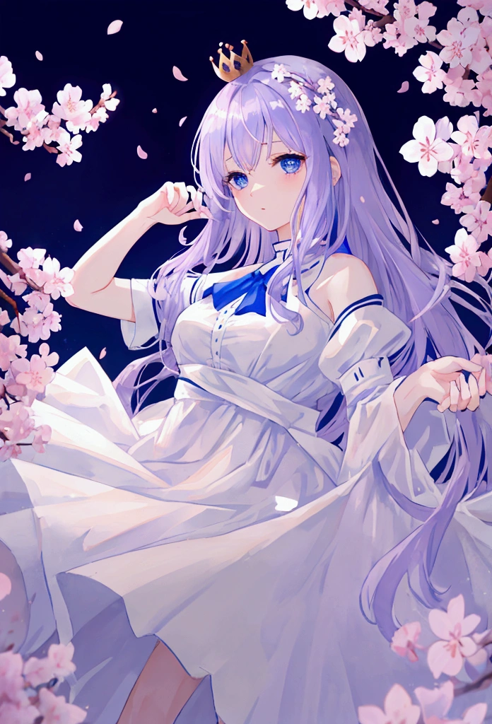 pale violet color hair, blue eyes, navy color crown, white dress, cherry blossom, night