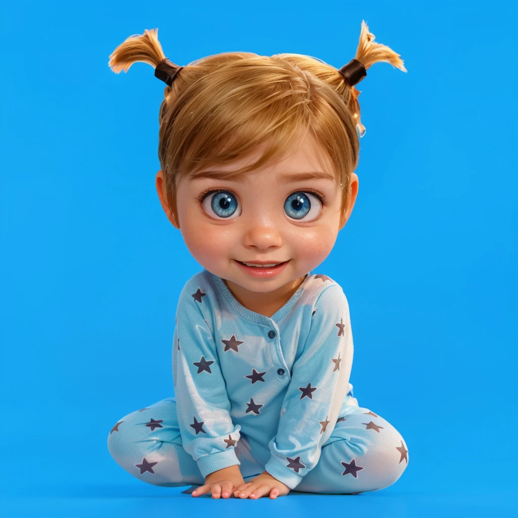 This image features a depiction of Riley Andersen, the young protagonist from the animated movie "Inside Out." The toddler version of Riley here captures her youthful innocence and playful spirit, characterized by her large blue eyes and blonde hair styled in whimsical pigtails. Dressed in a soft blue onesie adorned with stars, Riley exudes curiosity and joy, reflecting her character's bright and lively personality from the film. The vibrant blue background highlights her cheerful disposition and imaginative nature. vibrant contrast to his attire and accessories.аffects render, (glossy plastic texture with multiple big light probe refractions), perfect cgi, smooth silhouette, high intensity refraction, (super glossy plastic material), most beautiful vfx, , realistic, 4k, high resolution, rim light, smooth 3d model, multiple light sources, rim light, sharp post effects render,, realistic, 4k, high resolution, rim light detailed digital art, reflective, best quality, 4k, masterpiece:1.2, ultra-detailed, realistic, vivid colors, The image of the highest quality, ensuring every detail showcased perfectly. It in 4k resolution, allowing viewers to immerse themselves in the richness of the colors and intricate details. The realistic rendering. under the spotlight, reflecting, high-resolution image, realistic rendering