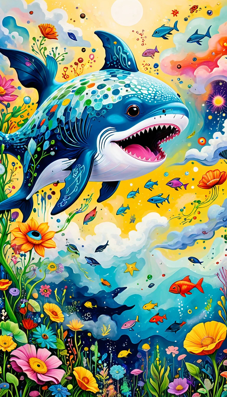 Children's graffiti,Thick coating,Concave and convex texture,Oil pastel strokes:Artists from the stars,Child,Flying Whale:1.37、Eruption Cloud、flowesh、章fish触手瀑布。、bird、(((Eye)))、diatom,Abstract mosaic painting,Describing the inner world of autistic people,Large area of white,interesting,Innocence,Vision,Psychedelic Art,