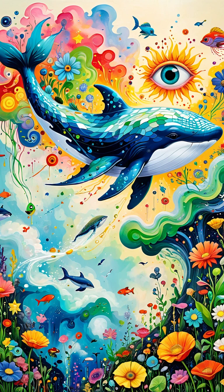 Children's graffiti,Thick coating,Concave and convex texture,Oil pastel strokes:Artists from the stars,Child,Flying Whale:1.37、Eruption Cloud、flowesh、章fish触手瀑布。、bird、(((Eye)))、diatom,Abstract mosaic painting,Describing the inner world of autistic people,Large area of white,interesting,Innocence,Vision,Psychedelic Art,
