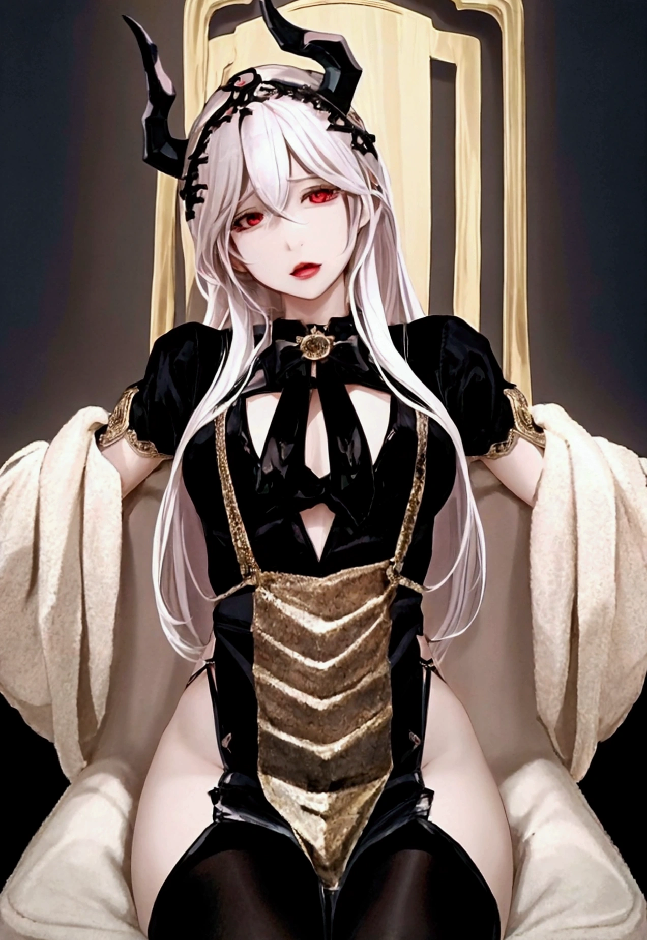 
uhd, accurate, anatomically correct, super detail, textured skin, high details, high quality, best quality, award winning, highres, 16K、High School Girl Demon King、The Demon Lord 、throne，Devil horns、