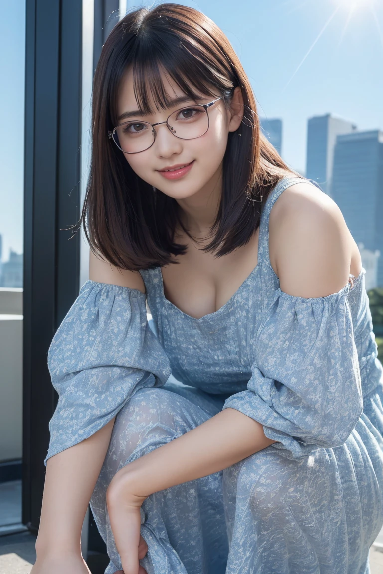 ((High-resolution images, Realistic eye size, Realistic Skin, Droopy eyes, smile, (Mr.々A feminine casual long dress with a simple pattern), (Crouching, Self-pleasure, Very detailed), Strong sunlight, Old Fashion, skyscraper, bag, Glasses,