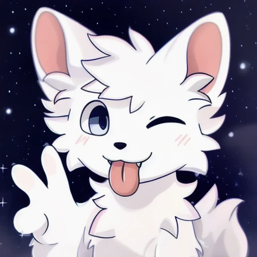 BoyKisserFur, white fur, white body,  smiling, fluff
realistic, BoyKisserFur,  detailed fur, well shaded, detailed shading, night sky, depth preseption, depth, looking at camera, portrait, sticking tongue out, one eye closed, peace hand gesture, sparkles