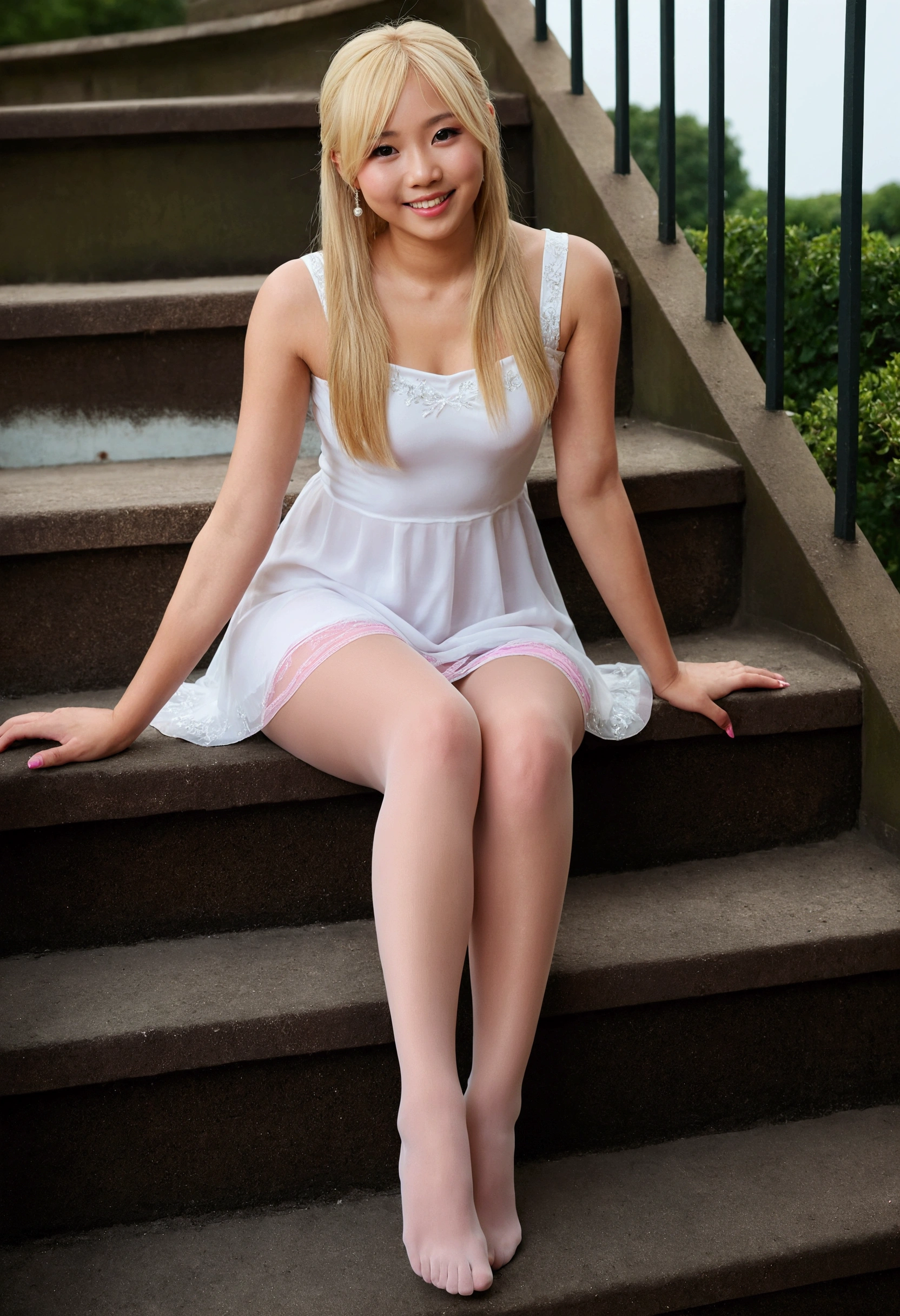 from the front, blonde, sitting on steps, outdoors, smiling, masterpiece, beautiful girl, highest quality, High resolution, super beautiful, beautiful skin, reality, High resolution, very detailed, beautiful and detailed eyes, Super detailed, 20-year-old Asian female, white dress, pink pantyhose, full body image, beautiful feet, full body photo, clear pictures, legs open