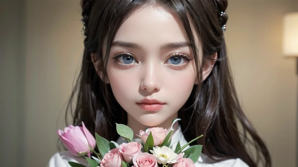 A woman hands over a bouquet, Say thank you.. She is looking at me with her beautiful and lovely eyes.Schneider pastel ink details, Soft and exquisite, fluffy, (非常に素晴らしくbeautiful), (Perfect detail)、(pastel colour),Soft texture:1.2.(Massopis, Highest quality), (beautiful, meticulously detailed eyes), (Detailed eyes and face),The tones are also visibly illuminated.Blurred, faint features