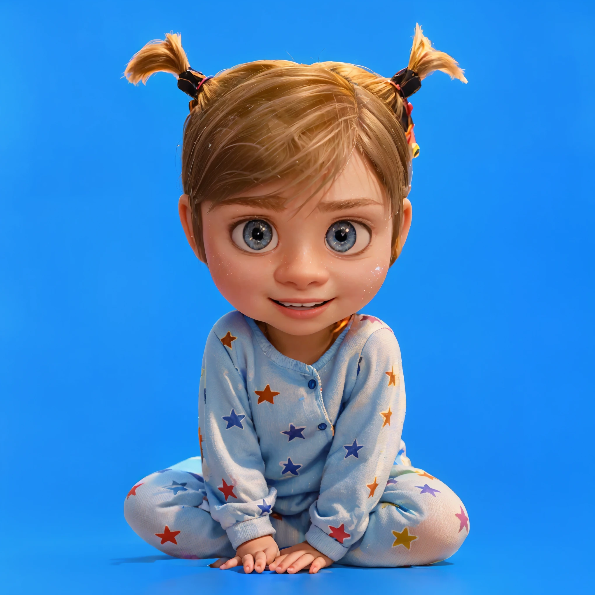 This image features a depiction of Riley Andersen, the young protagonist from the animated movie "Inside Out." The ddler version of Riley here captures her youthful innocence and playful spirit, characterized by her large blue eyes and blonde hair styled in whimsical pigtails. Dressed in a soft blue onesie adorned with stars, Riley exudes curiosity and joy, reflecting her character's bright and lively personality from the film. The vibrant blue background highlights her cheerful disposition and imaginative nature. vibrant contrast to his attire and accessories.аffects render, (glossy plastic texture with multiple big light probe refractions), perfect cgi, smooth silhouette, high intensity refraction, (super glossy plastic material), most beautiful vfx, , realistic, 4k, high resolution, rim light, smooth 3d model, multiple light sources, rim light, sharp post effects render,, realistic, 4k, high resolution, rim light detailed digital art, reflective, best quality, 4k, masterpiece:1.2, ultra-detailed, realistic, vivid colors, The image of the highest quality, ensuring every detail showcased perfectly. It in 4k resolution, allowing viewers to immerse themselves in the richness of the colors and intricate details. The realistic rendering. under the spotlight, reflecting, high-resolution image, realistic rendering