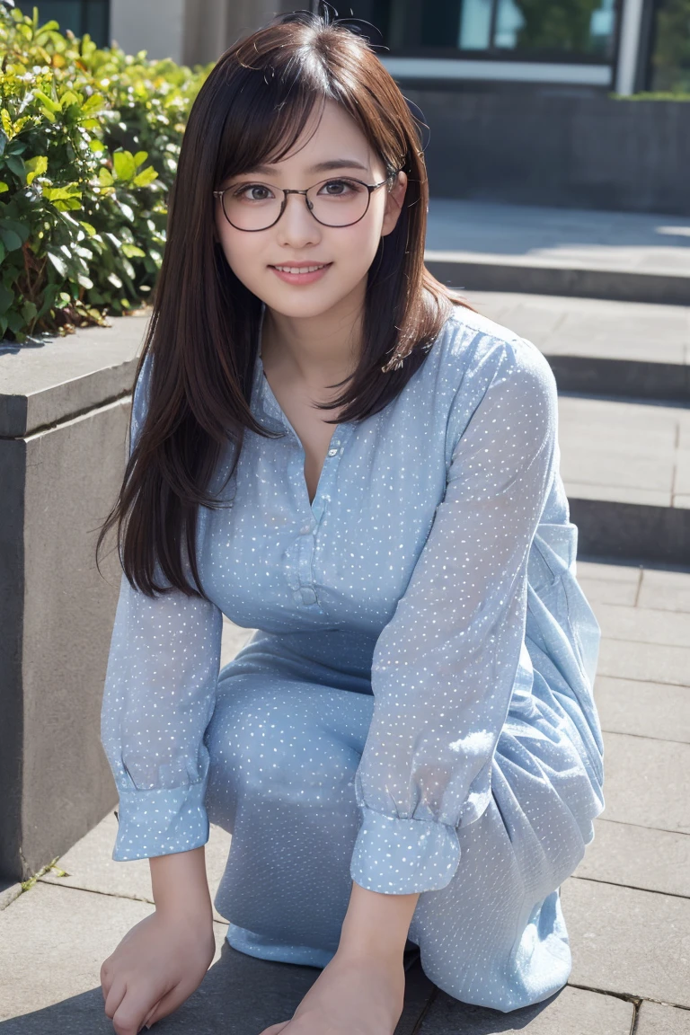 ((High-resolution images, Realistic eye size, Realistic Skin, Droopy eyes, smile, (Mr.々A feminine casual long dress with a simple pattern), (Crouching, Self-pleasure, Very detailed), Strong sunlight, Old Fashion, skyscraper, bag, Glasses,
