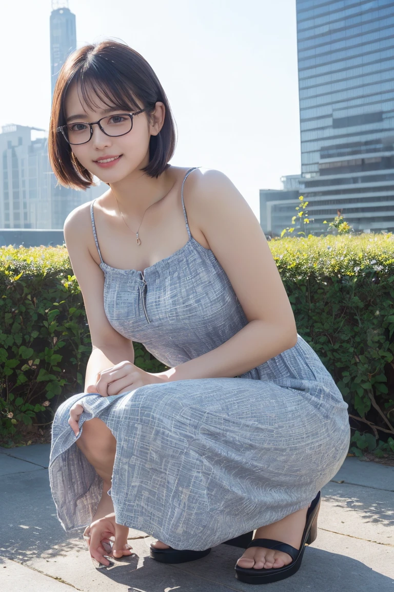 ((High-resolution images, Realistic eye size, Realistic Skin, Droopy eyes, smile, (Mr.々A feminine casual long dress with a simple pattern), (Crouching, Self-pleasure, Very detailed), Strong sunlight, Old Fashion, skyscraper, bag, Glasses,