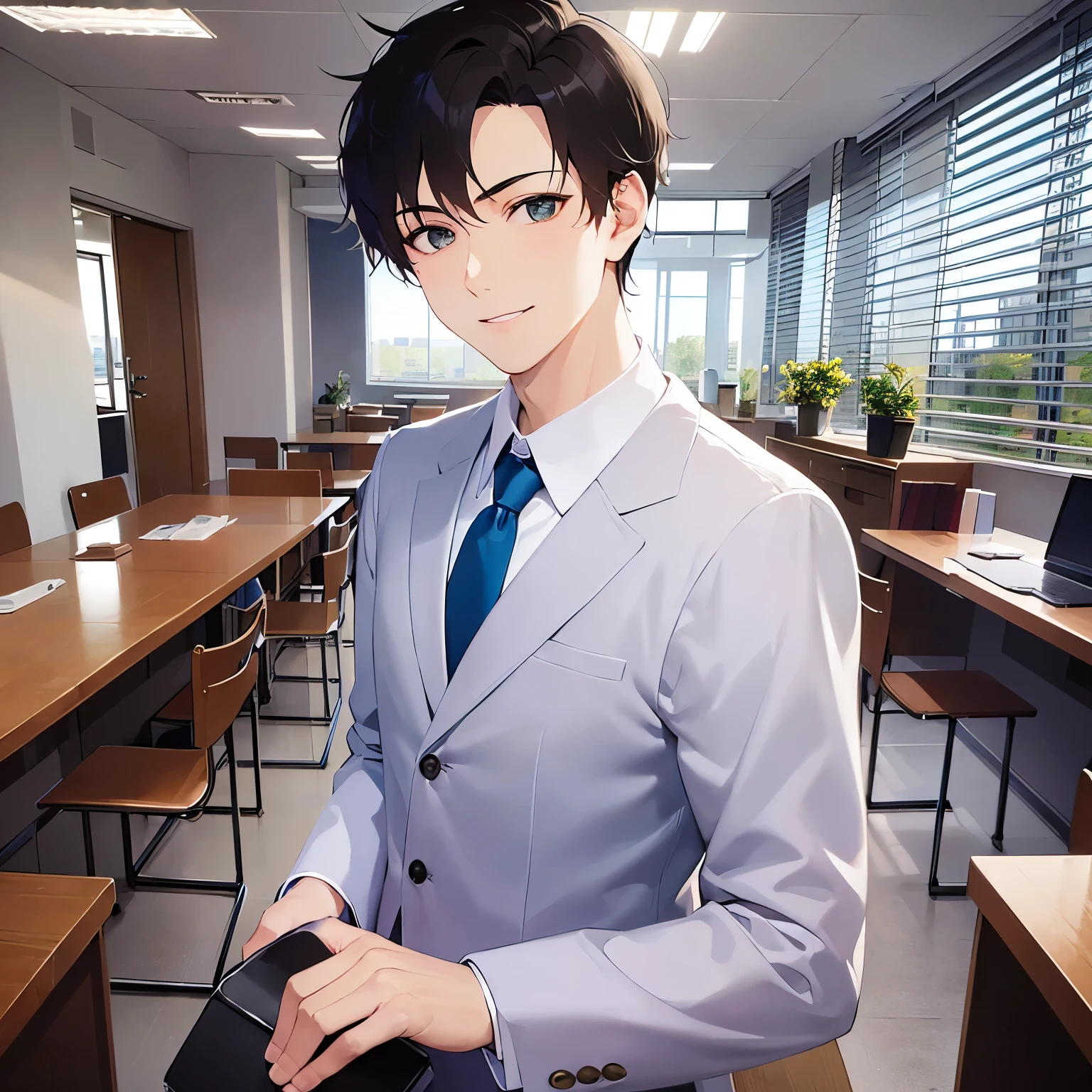 upper body、masterpiece、Highest quality、(25-year-old male:1.5) and (Brown short hair) and (Green Eyes), (suit:1.5) and (Blue tie)、smile, The background is the conference room、(Alone:1.5)、Upper body is shown、Are standing