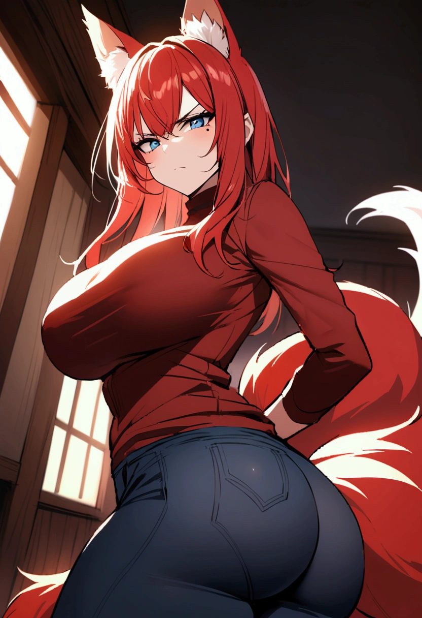 Create an image of a woman with red hair, she also has red fox ears, and several fox tails, she has a tight long-sleeved shirt on her huge breasts, her dark jeans tight on her big ass she has blue eyes, And a serious face, She has a small brown mole on the left side of her face near her chin, make her look more serious
