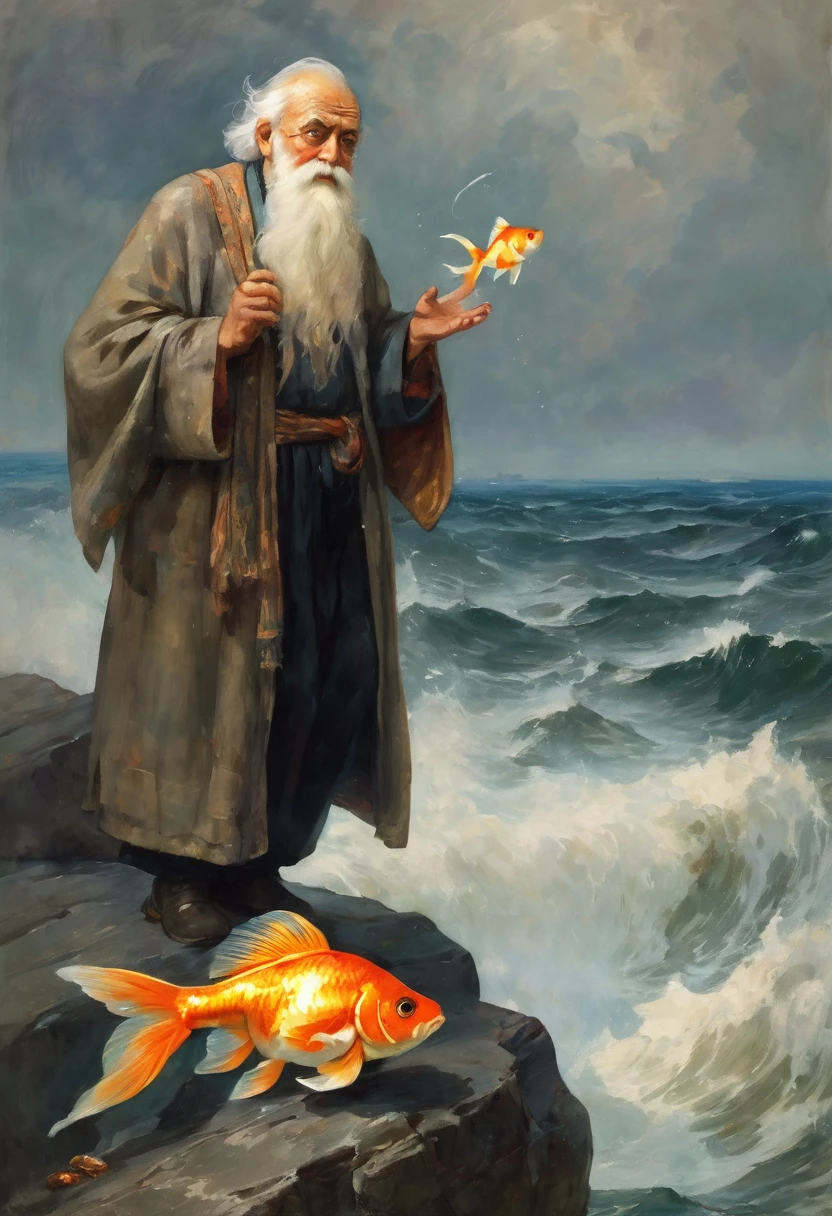 depicts an old man standing on a rock, talking to a goldfish sitting on a high sea wave, sea lord, Russian folk tale, Slavic folk tale, goddess of the ocean, fantasy, proto-Slavic mythology, inspiration of Vasily Surikov, illustration, absurdist art, Soviet nostalgia