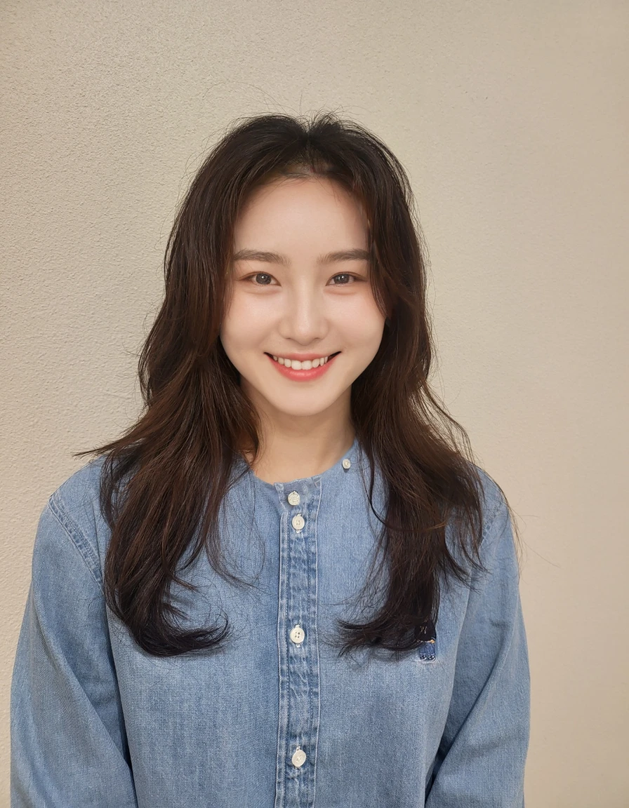 Best Quality, 8k, Masterpiece, (Portrait: 1.3), (photo realistic:1.4), (hyper realistic:1.4), Sharp Focus, looking at viewer, (smoother lighting:1.1), (increase cinematic lighting quality:0.9), realistic lighting, backlighting, light on face, ray trace, (brightening light:1.2), (Increase quality:1.4), sharp detail, (best quality real texture skin:1.4), finely detailed eyes, black_eyes, finely detailed face, 25 year old Korean woman,smiling_face