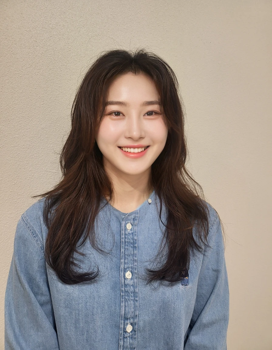 Best Quality, 8k, Masterpiece, (Portrait: 1.3), (photo realistic:1.4), (hyper realistic:1.4), Sharp Focus, looking at viewer, (smoother lighting:1.1), (increase cinematic lighting quality:0.9), realistic lighting, backlighting, light on face, ray trace, (brightening light:1.2), (Increase quality:1.4), sharp detail, (best quality real texture skin:1.4), finely detailed eyes, black_eyes, finely detailed face, 25 year old Korean woman,smiling_face
