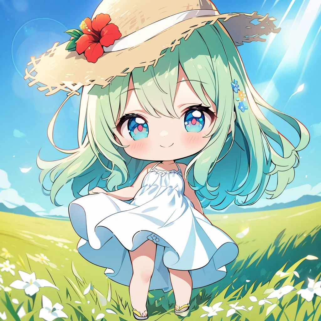 masterpiece, best quality, 4k、2D illustration, one beautiful girl, solo、(((chibi style)))、((vivid colors))、cute chibi, lovely chibi、((colorful))、((long beautiful hair)), glossy light green hair, hair between eyes, cute, beautifully detailed eyes、((white summer dress))、((straw hat))、hibiscus hair ornament, flip-flops, ((happy smile))、((full body shot))、((summer grasslands))、((gentle breeze))、((blue sky))、sunbeam, white light, ((lens flare)), ((high color saturation)),